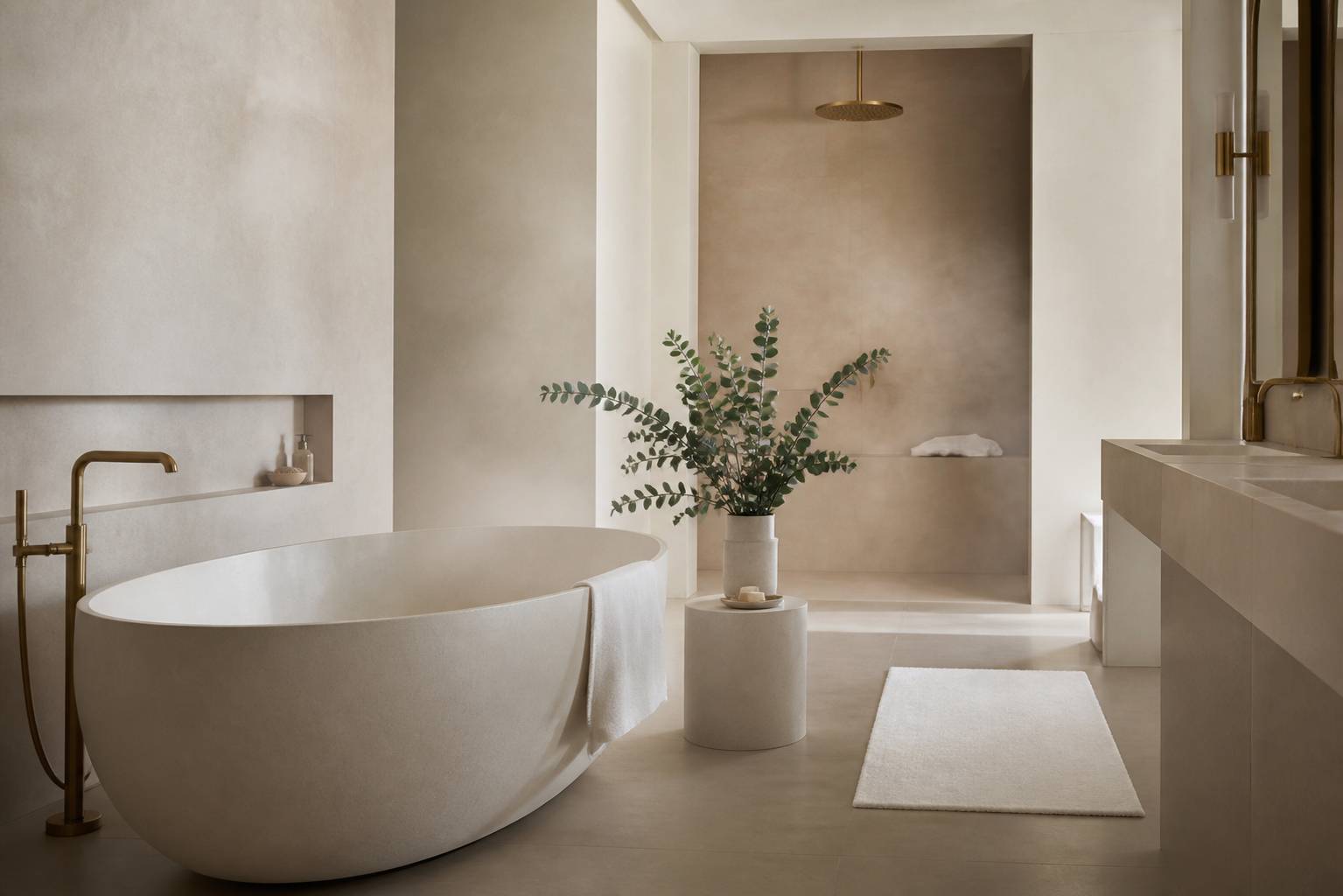 Salle de bain en pierre claire avec baignoire îlot et robinetterie laiton