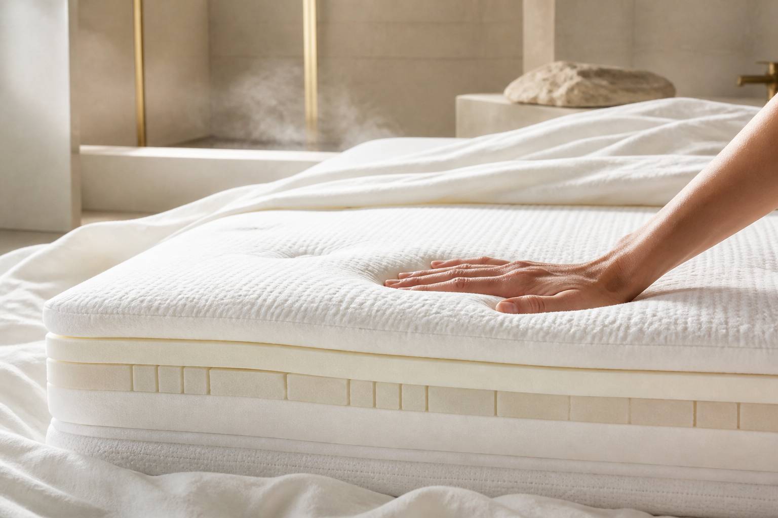 Gros plan sur un surmatelas en mousse aux couches apparentes