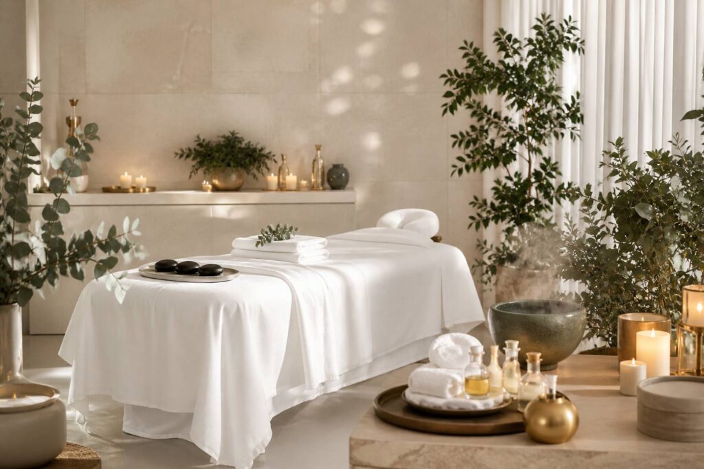 Table de massage installée dans un salon avec bougies et huiles