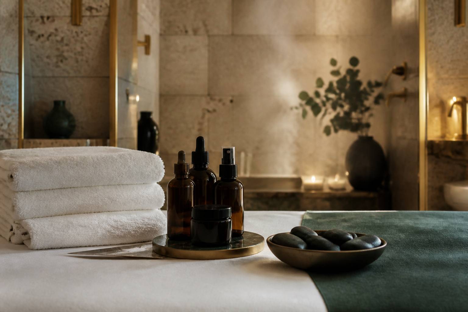 Table de massage avec serviettes blanches et flacons de soin