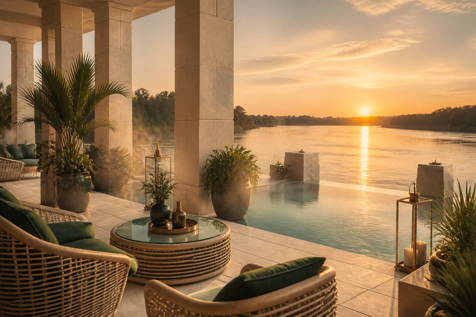 Terrasse d'hôtel avec colonnes et vue dégagée sur le Nil à l'heure dorée