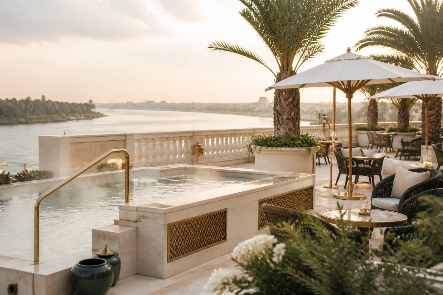 Terrasse de palace avec tables en rotin et vue sur le fleuve