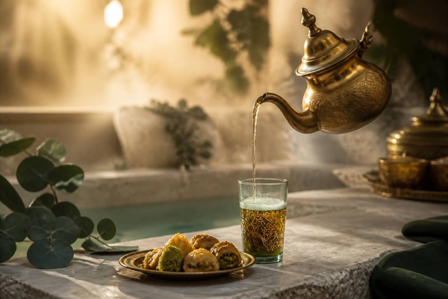 Théière marocaine versant du thé à la menthe dans un verre décoré