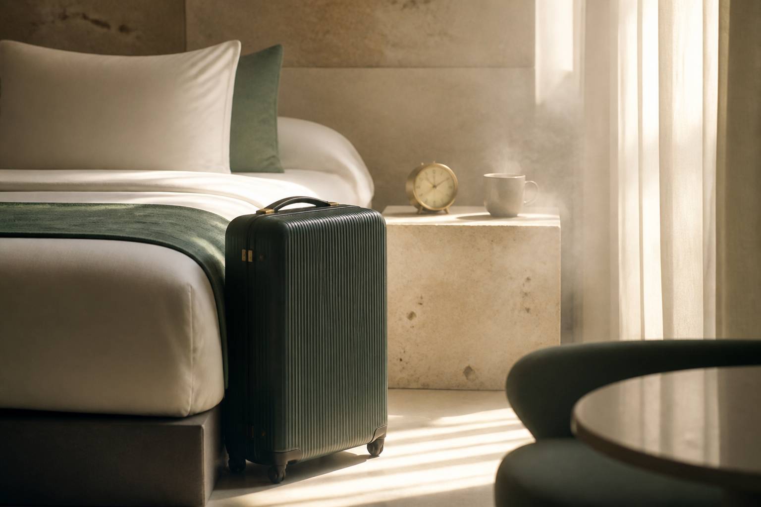 Valise et café au chevet d'un lit d'hôtel