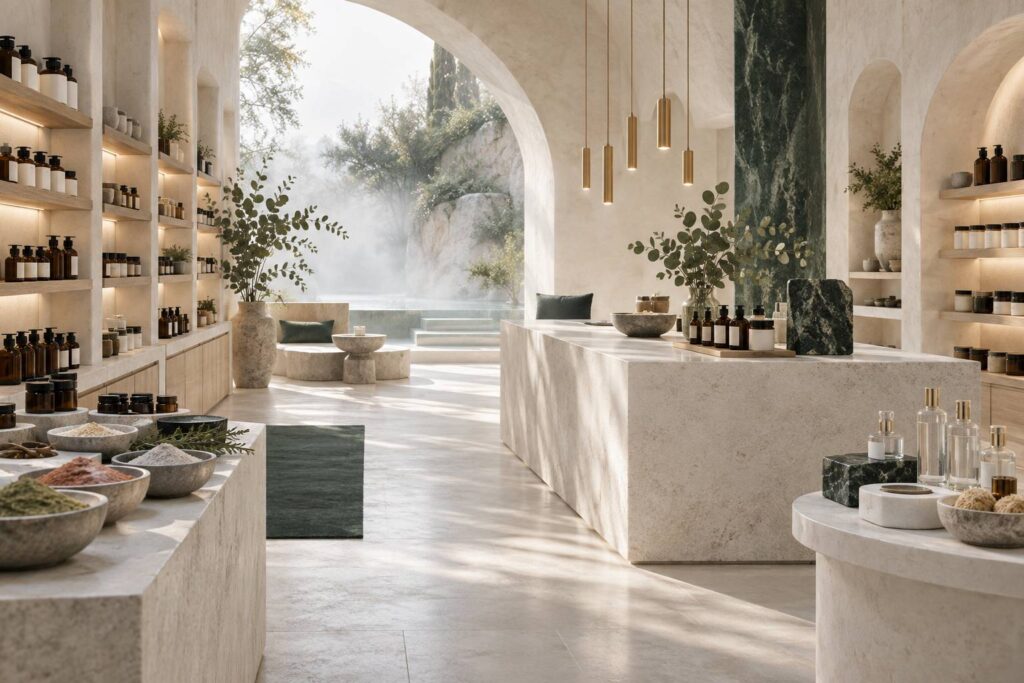 Boutique de cosmétiques naturels avec étagères en bois et flacons ambrés