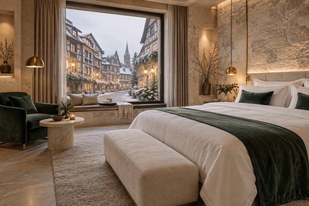 Chambre d'hôtel élégante avec vue sur des façades à colombages à Strasbourg