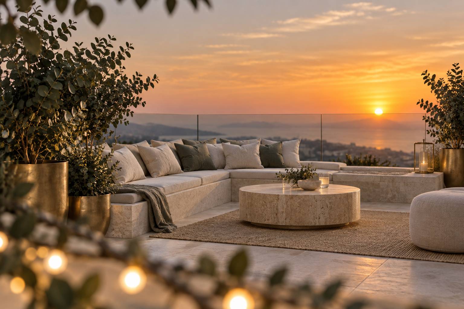 Coin salon de rooftop avec banquette en pierre claire, coussins de lin et plantes en pots laiton