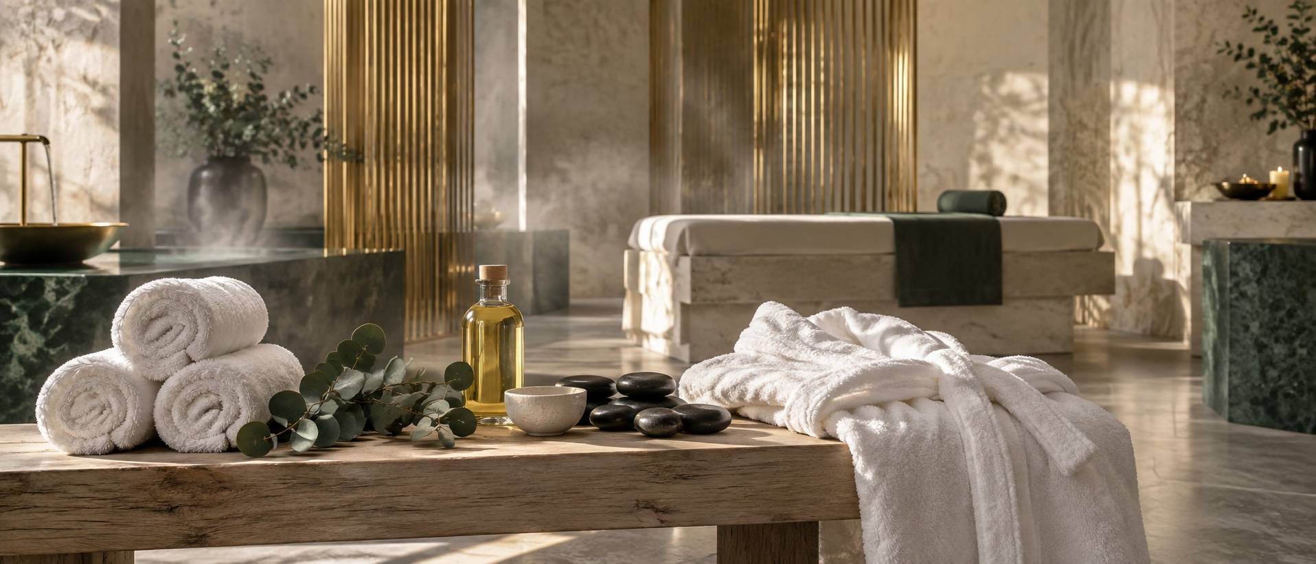 Serviettes, huile et eucalyptus dans une cabine de soin