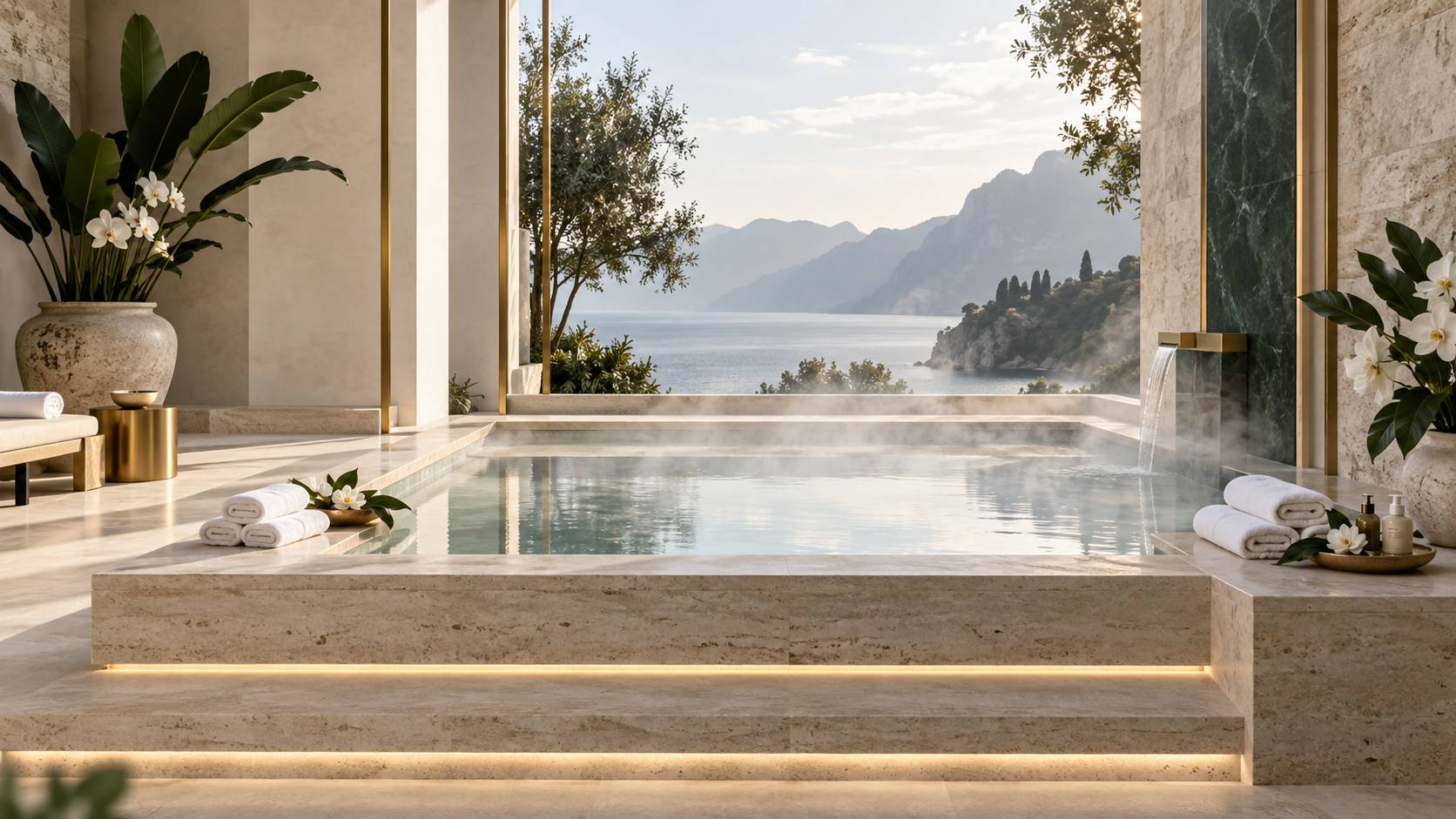 Détail d'un spa de resort avec serviettes, pierres et brume douce