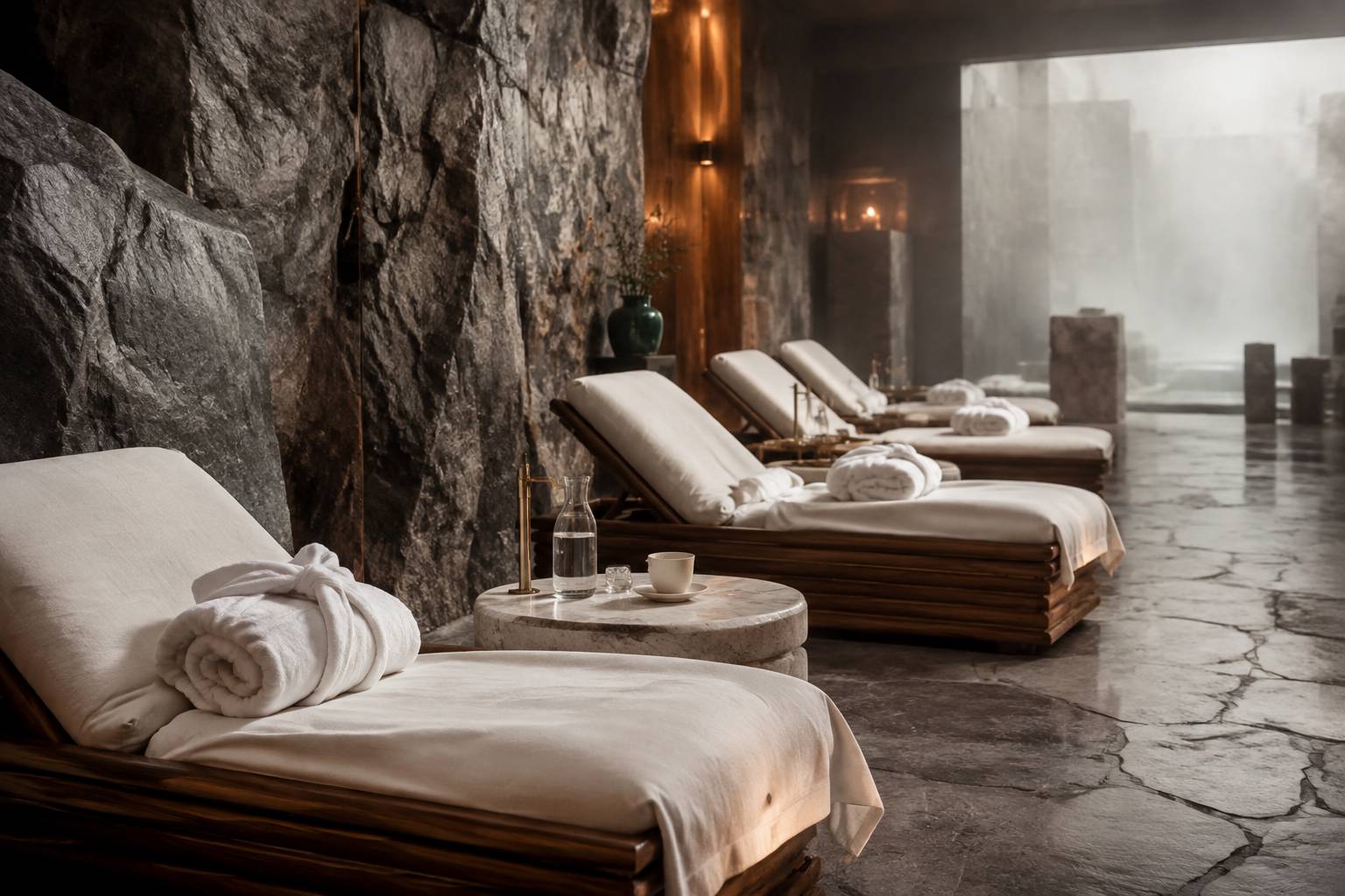 Espace détente de spa avec transats en lin et infusion sur table en pierre