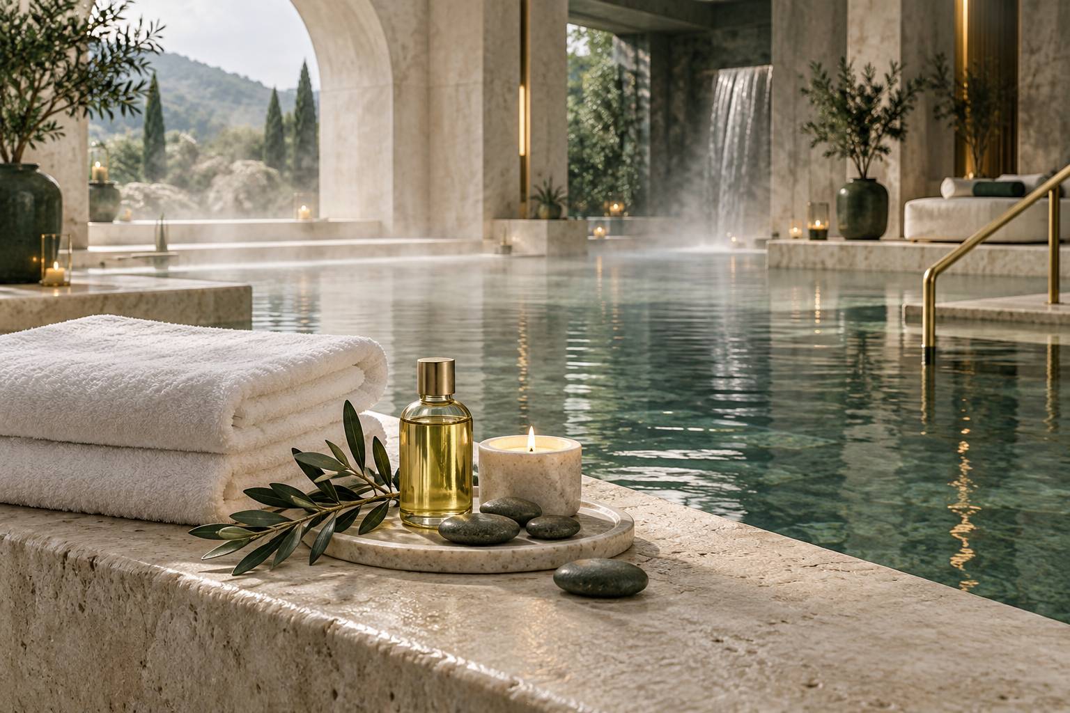 Gros plan sur des serviettes pliées et une bougie au bord d'un bassin de spa