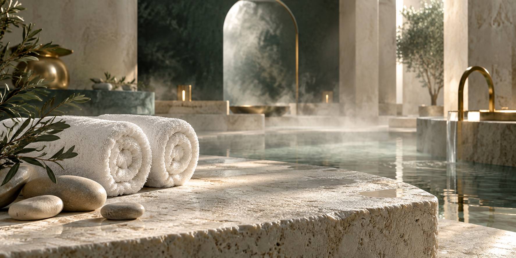 Gros plan sur des serviettes roulées et des galets en ambiance spa