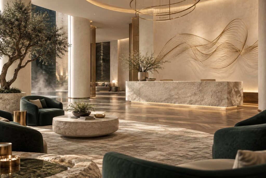 Hall d'hôtel de luxe avec réception en pierre et décor en laiton