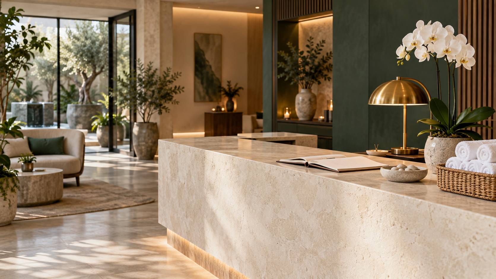 Comptoir d'accueil en pierre d'un spa avec serviettes roulées et orchidée