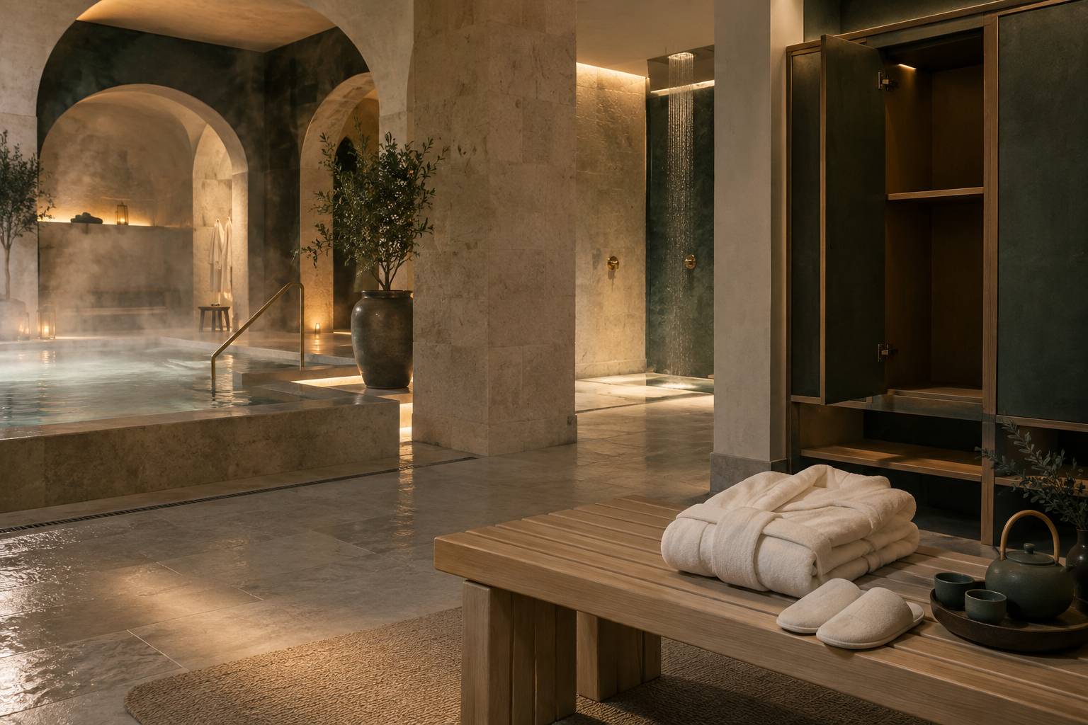 Interieur de spa avec banc, peignoir plie et plateau de the