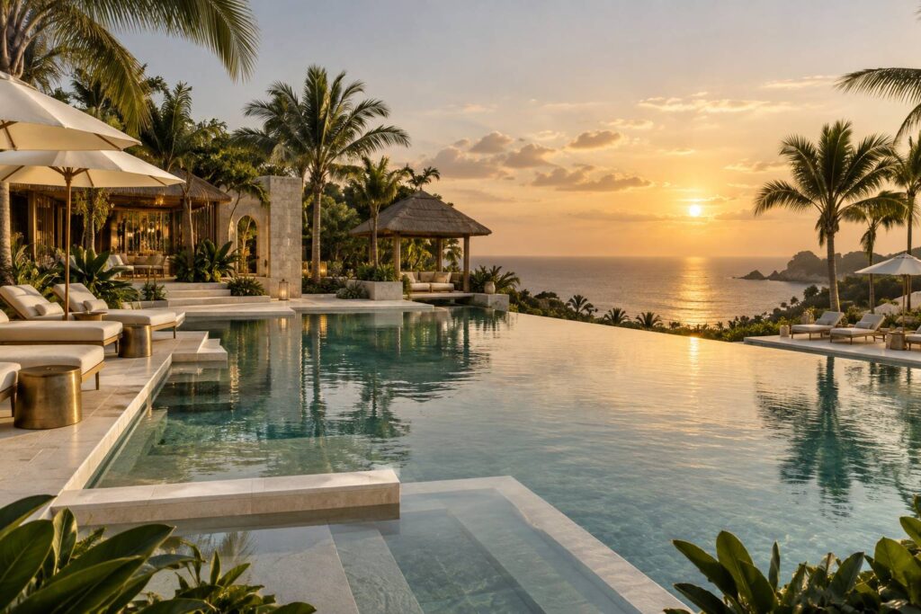 Piscine de resort balnéaire avec transats et jardin tropical au coucher du soleil