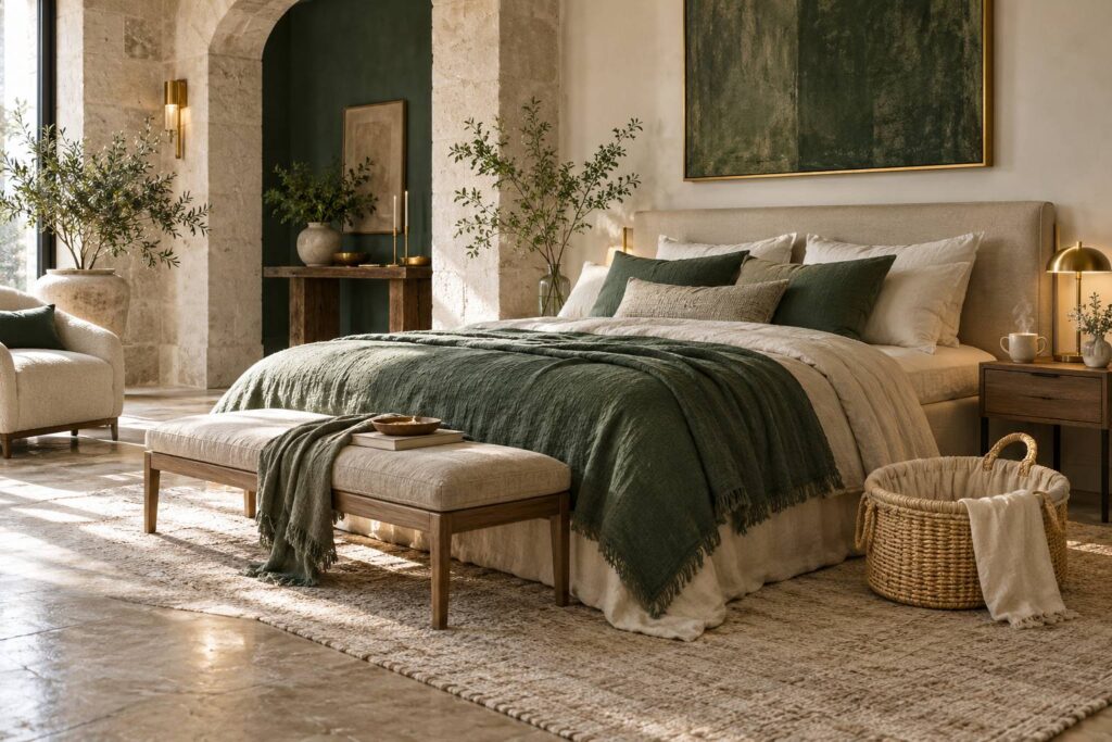 Chambre de retraite apaisante avec lit, couffin vide et tisane sur un plateau