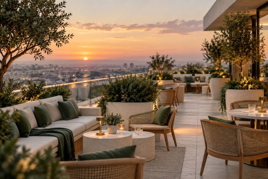 Bar sur le toit au coucher du soleil avec plantes vertes, mobilier clair et vue urbaine
