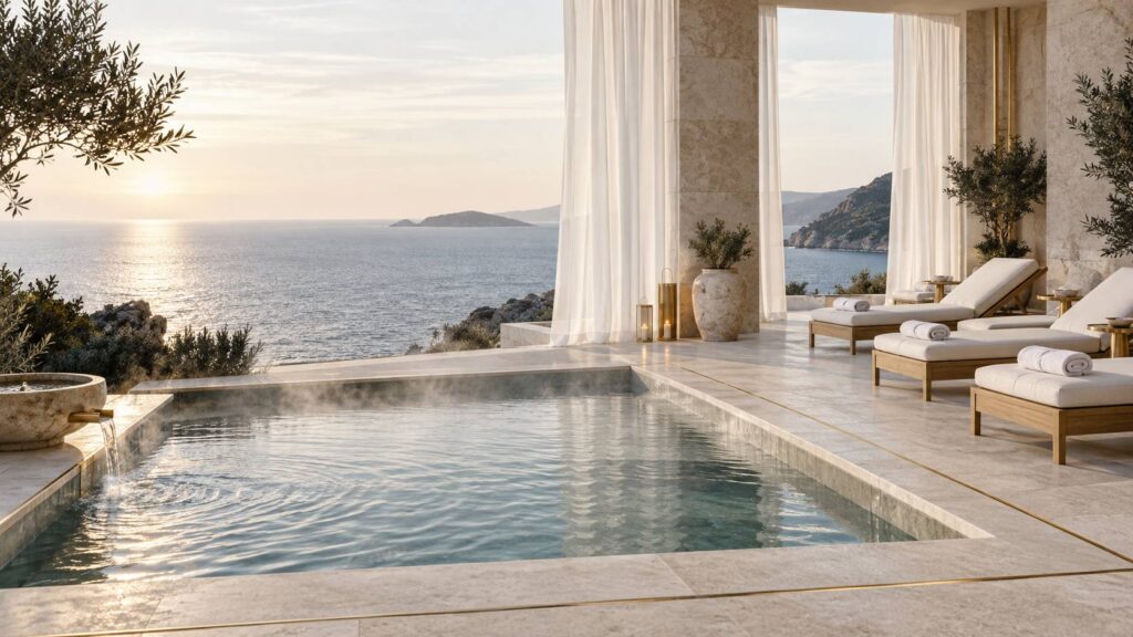 Espace bien-etre face a la mer avec bassin d'eau tiede, serviettes blanches et transats en teck