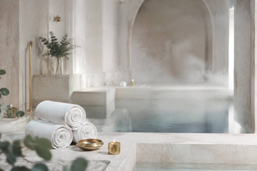 Bassin de spa minéral en pierre claire avec fine nappe de vapeur et serviettes en lin blanc