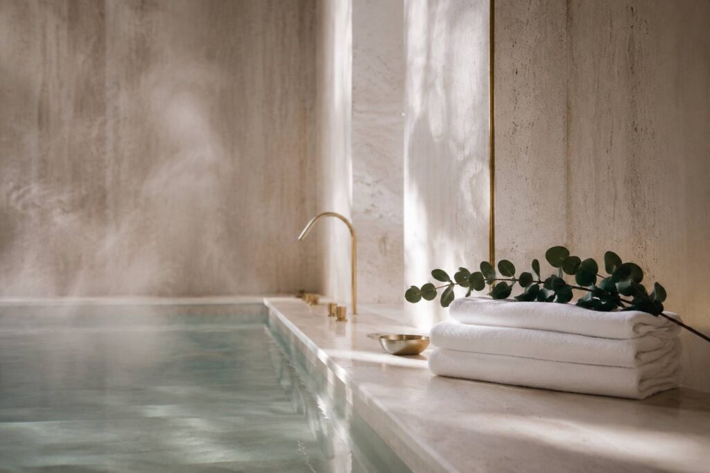 Spa minéral apaisant baigné d'une vapeur douce aux accents d'eucalyptus