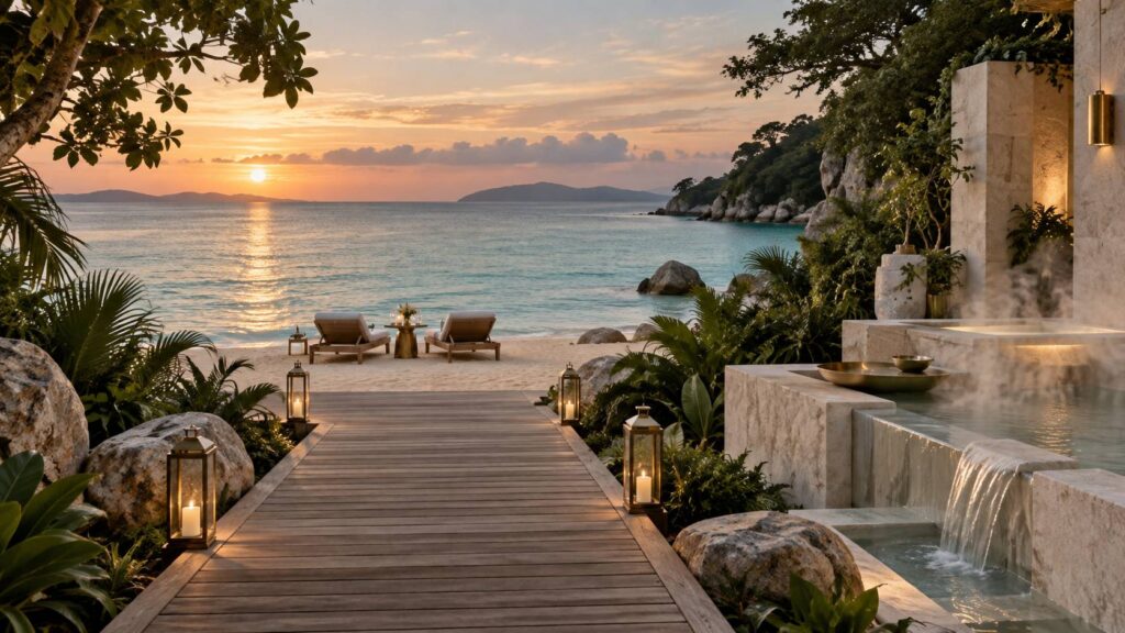 Terrasse romantique face a une etendue d'eau calme au coucher du soleil