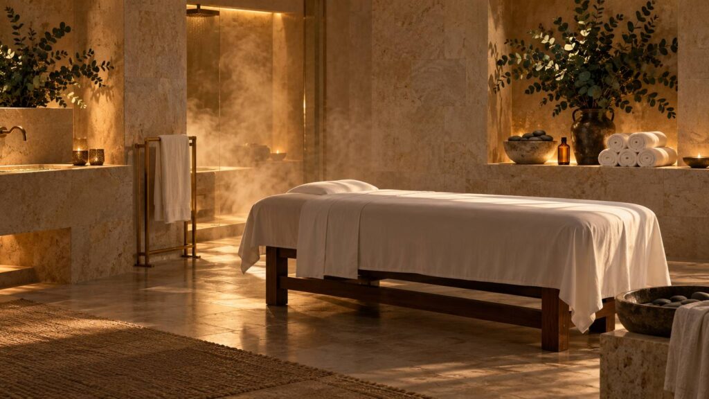 Cabine de spa en pierre avec table de massage, serviettes et bol de pierres