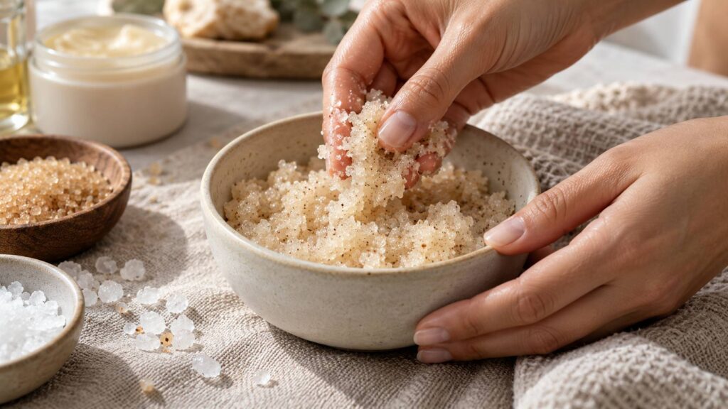 Illustration de détail sur le sujet : Gommage corps : grains, sels, enzymes