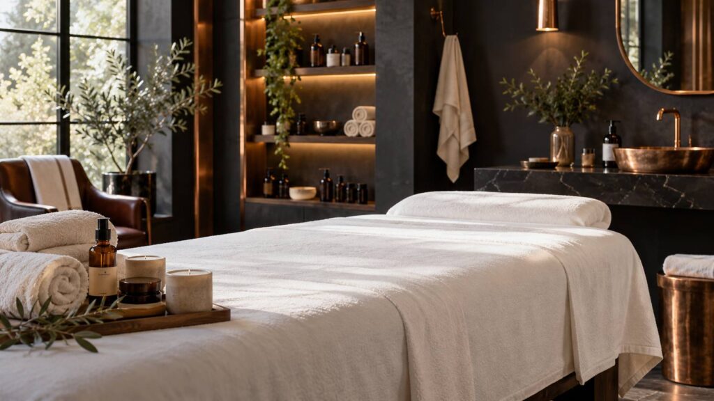 Table de soin de spa avec linge blanc, serviettes roulées et flacons génériques