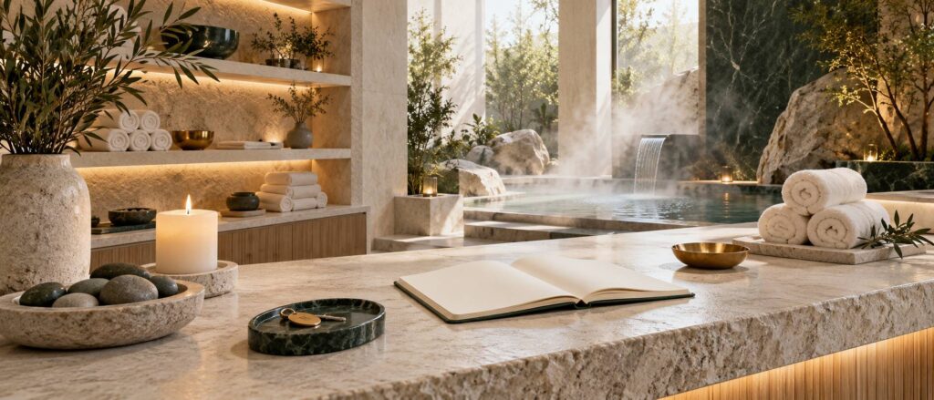 Serviettes roulées, bougie et carnet de rendez-vous à l'accueil d'un spa