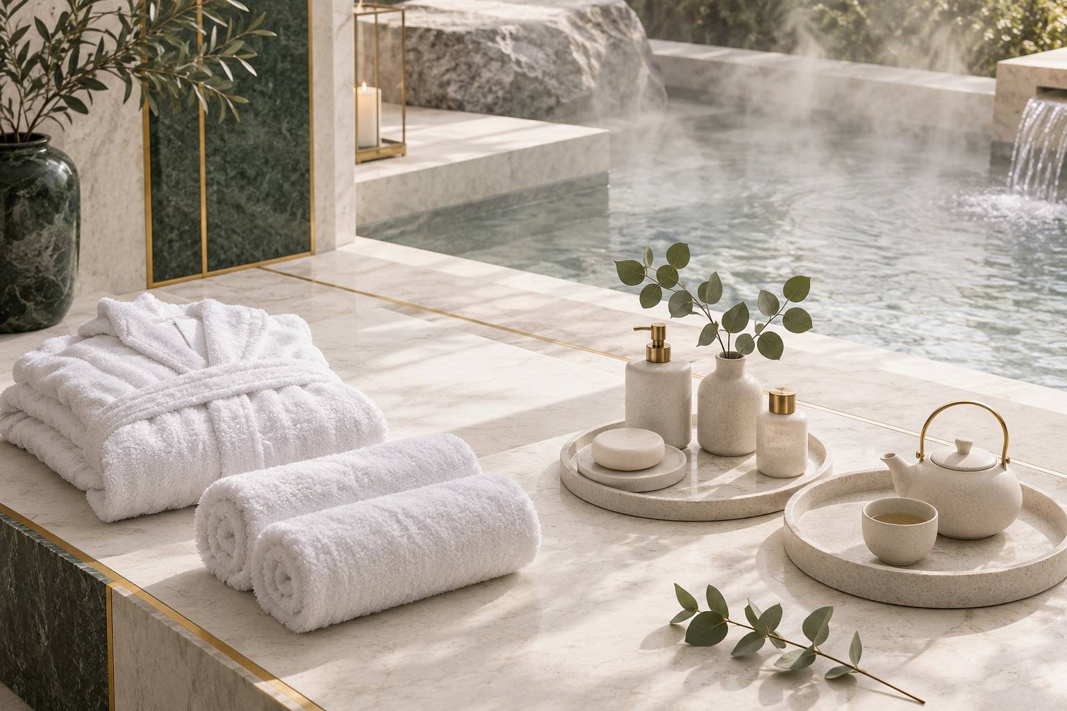 Plateau de spa avec serviettes roulées, peignoir et théière sur pierre claire